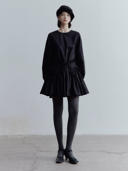 FUSSED_Double_Dream_Pleats_Black_Cotton_Babydoll_Dress_V-Neck_T-Shirt_Long-Sleeve_MISSTT