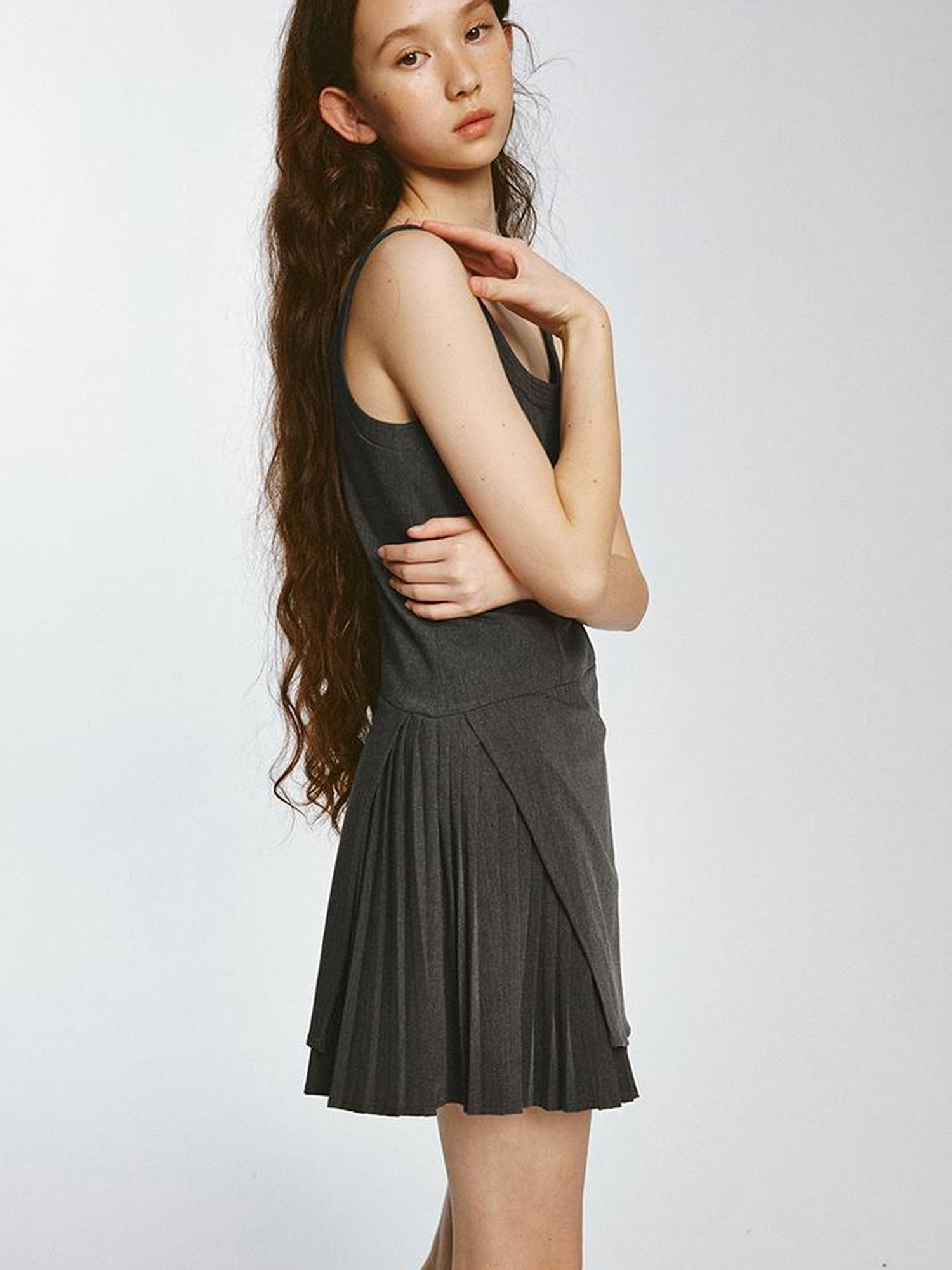 FUSSED Double Layer Pleated Shadow Gray Sporty Blazer Dress V Neck Long Sleeve