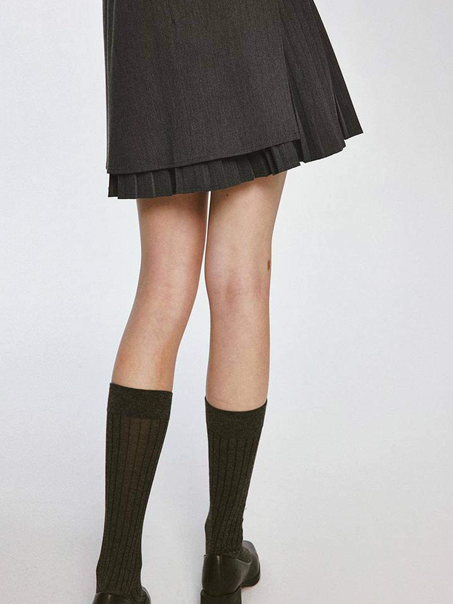 FUSSED Double Layer Pleated Shadow Gray Sporty Blazer Dress V Neck Long Sleeve