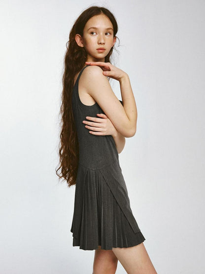 FUSSED Double Layer Pleated Shadow Gray Sporty Blazer Dress V-neck Long Sleeve