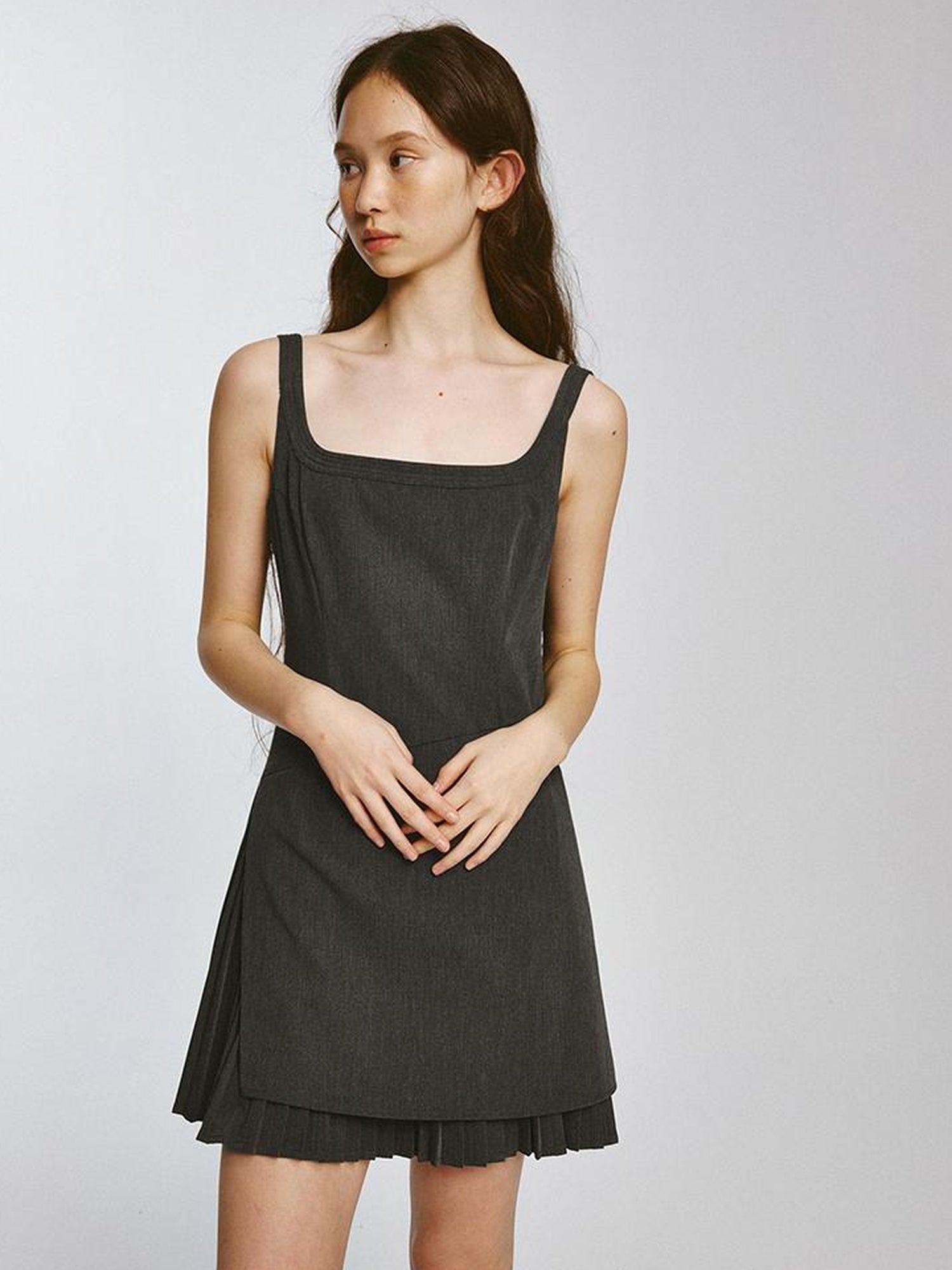 FUSSED Double Layer Pleated Shadow Gray Sporty Blazer Dress V Neck Long Sleeve