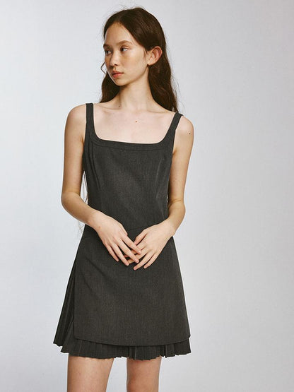 FUSSED Double Layer Pleated Shadow Gray Sporty Blazer Dress V Neck Long Sleeve