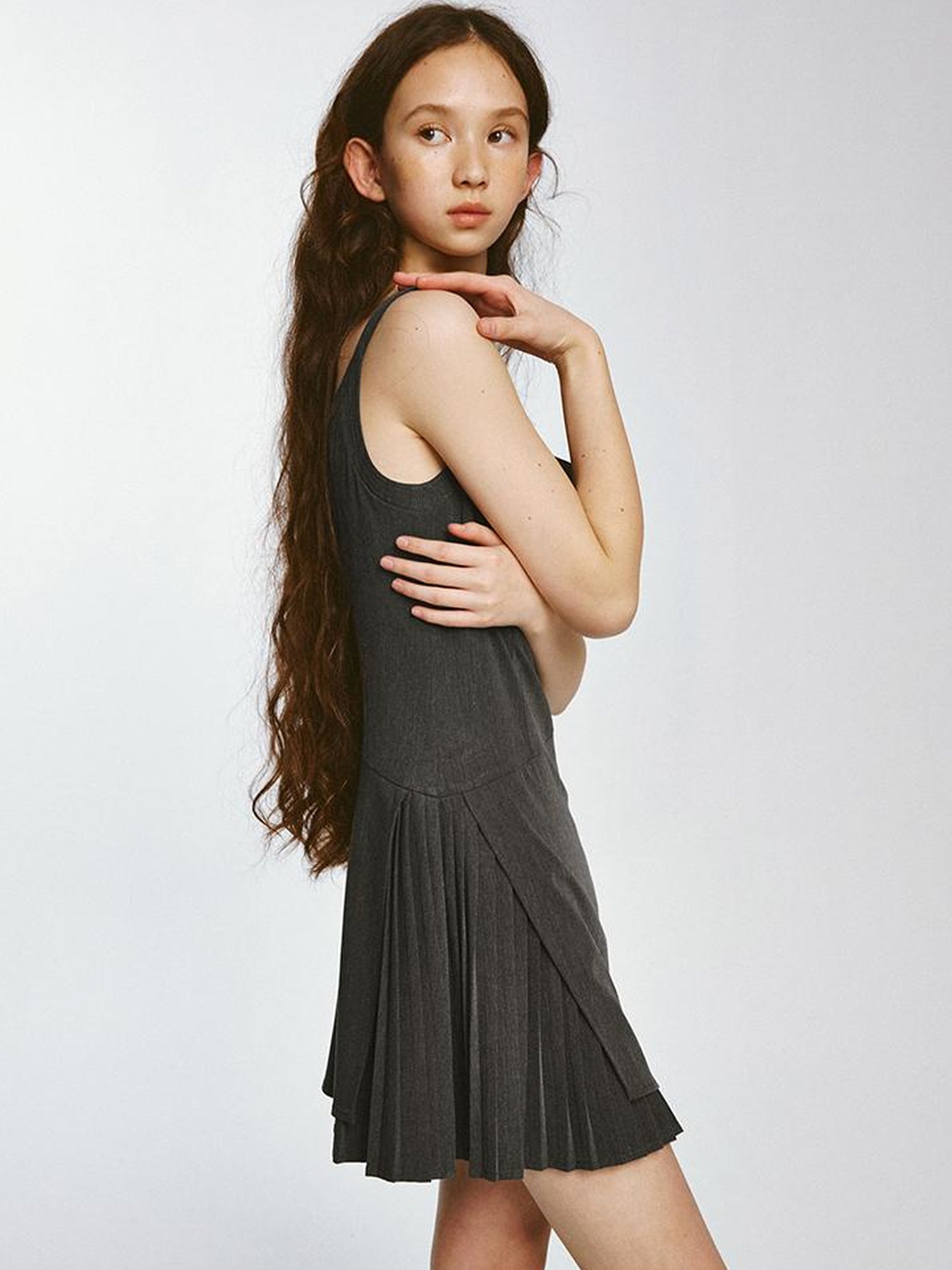 FUSSED Double Layer Pleated Shadow Gray Sporty Blazer Dress V Neck Long Sleeve