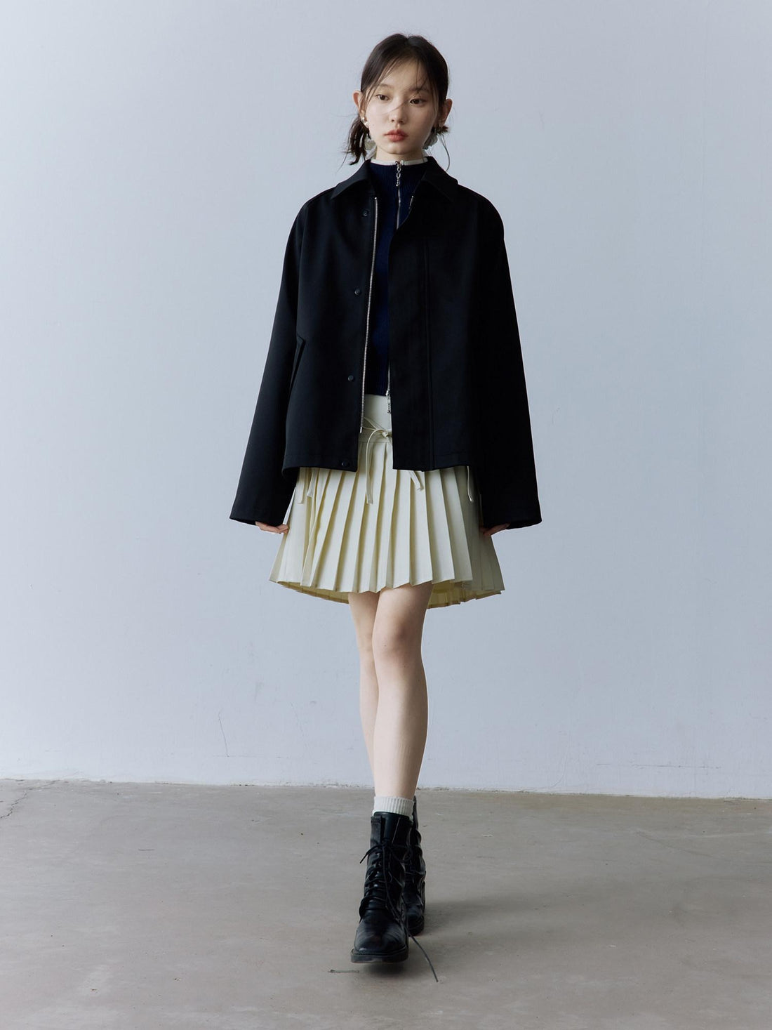 FUSSED Double Layer Zip Front Loose Fit Preppy Mid Length Lapel Women Black Jacket