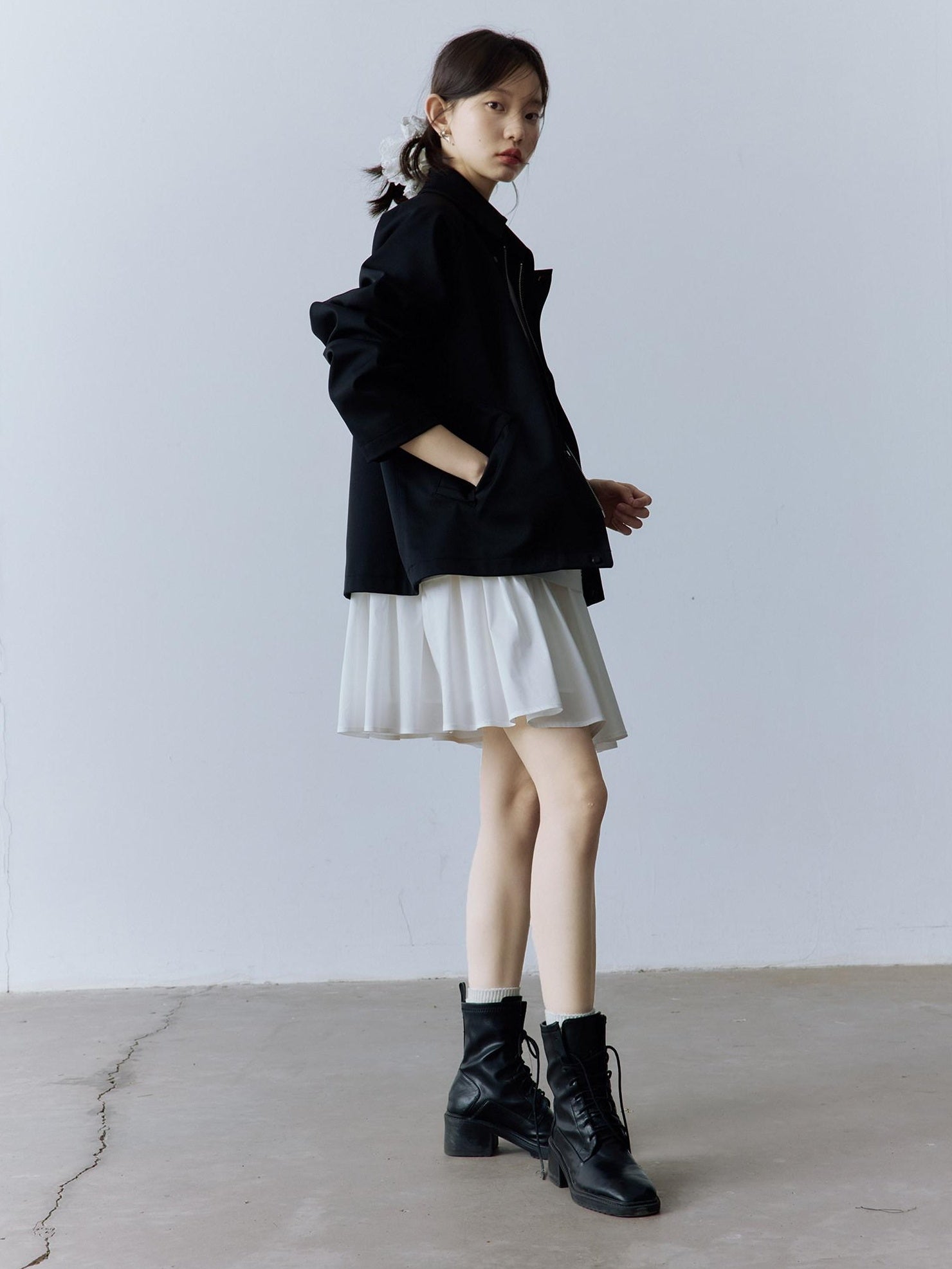FUSSED Double Layer Zip Front Loose Fit Preppy Mid Length Lapel Women Black Jacket