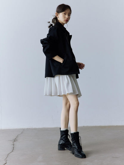 FUSSED Double Layer Zip Front Loose Fit Preppy Mid Length Lapel Women Black Jacket