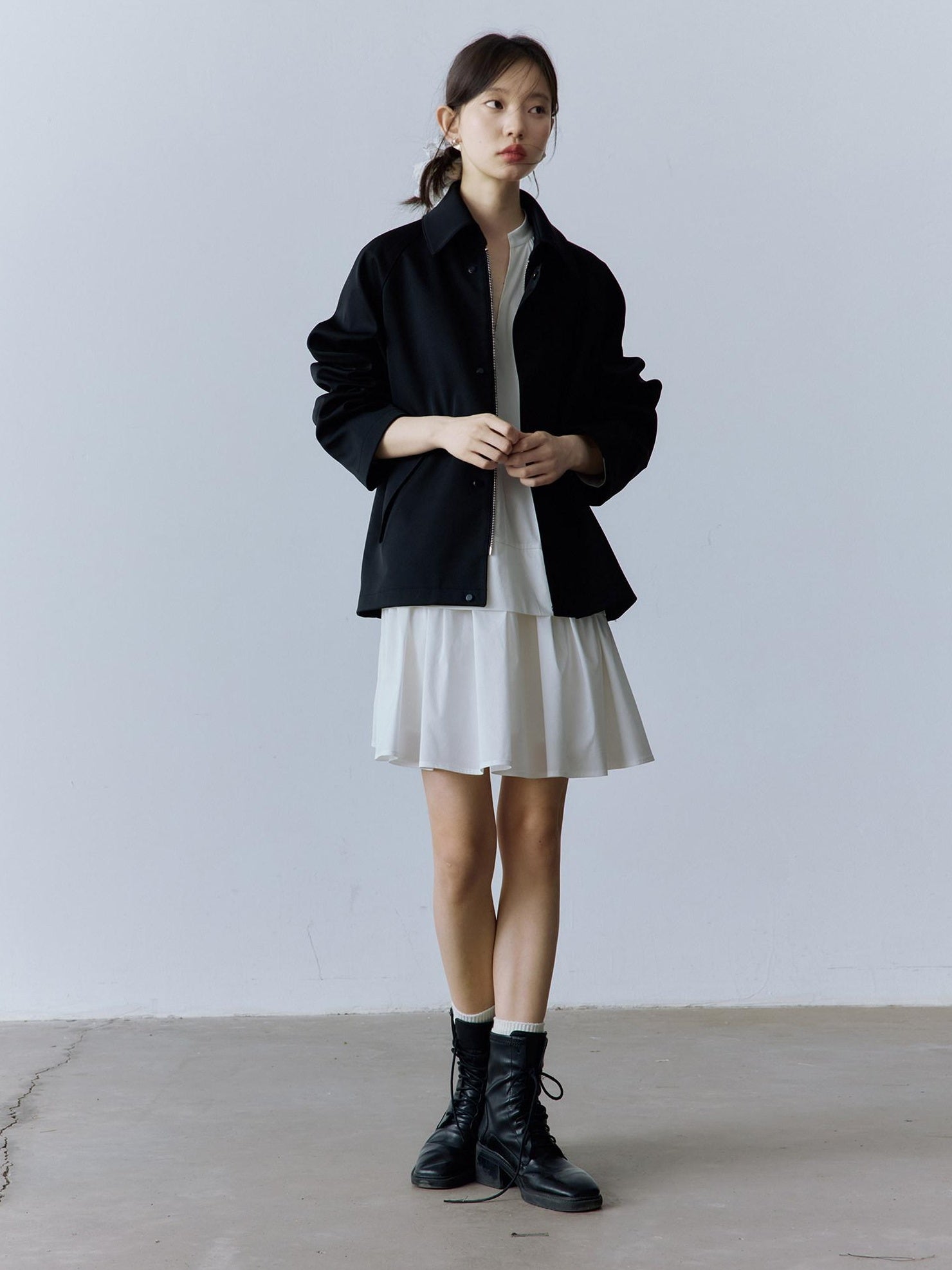 FUSSED Double Layer Zip Front Loose Fit Preppy Mid Length Lapel Women Black Jacket