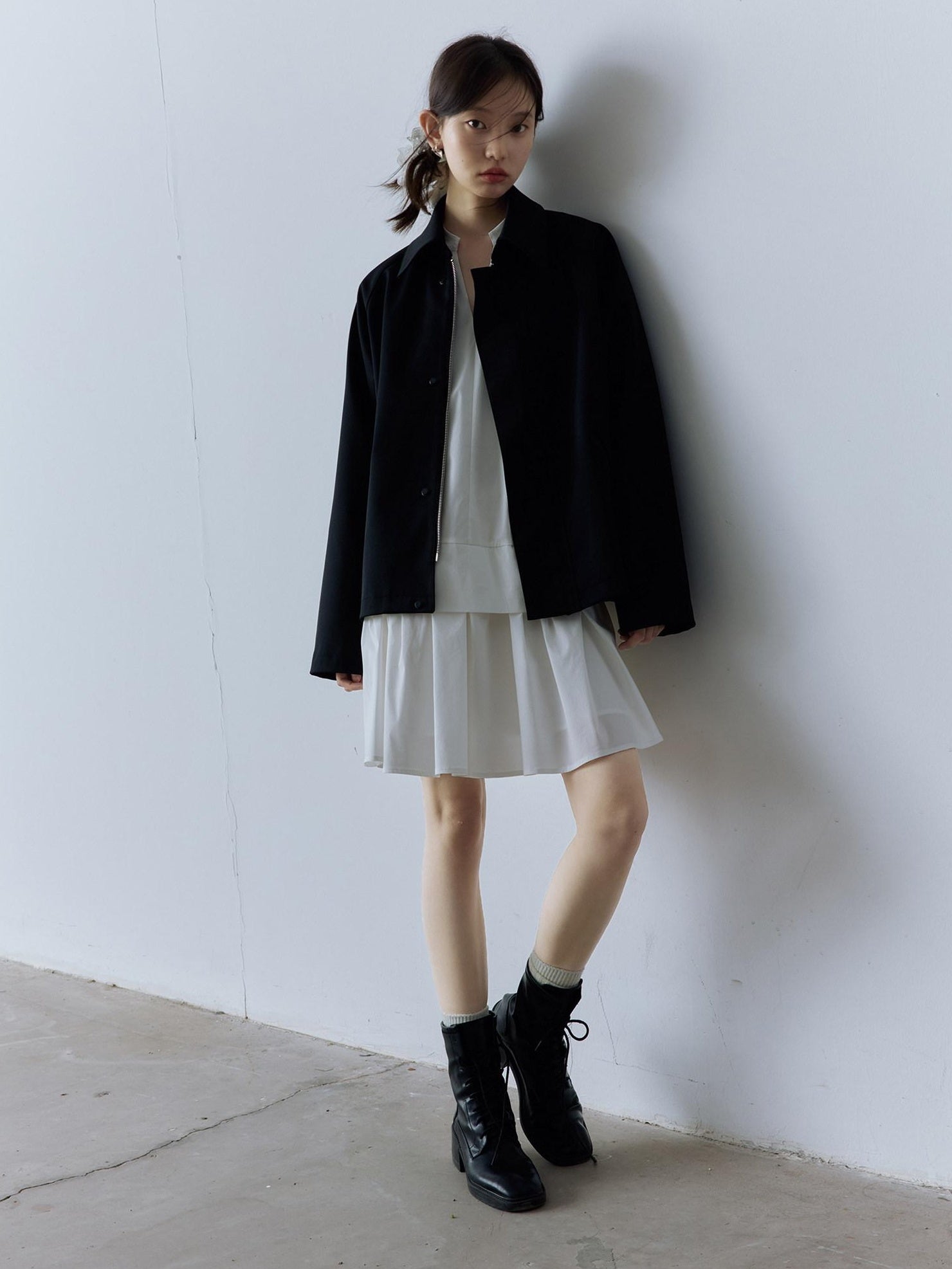 FUSSED Double Layer Zip Front Loose Fit Preppy Mid Length Lapel Women Black Jacket