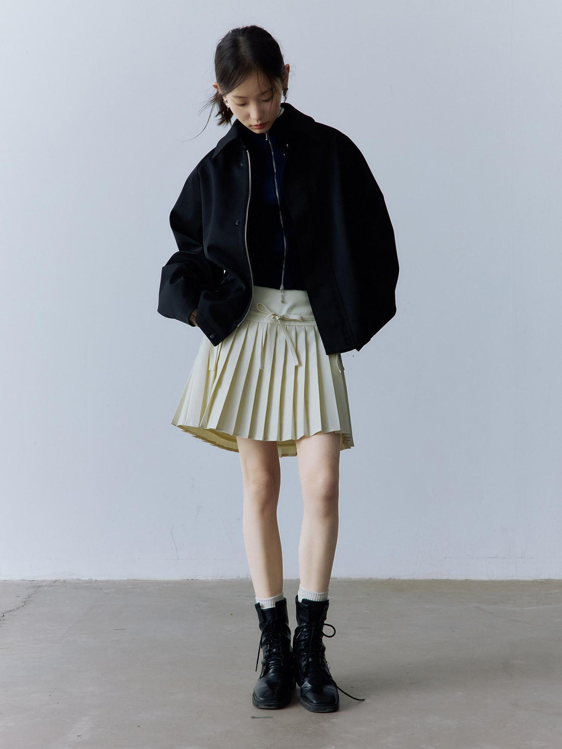 FUSSED Double Layer Zip Front Loose Fit Preppy Mid Length Lapel Women Black Jacket