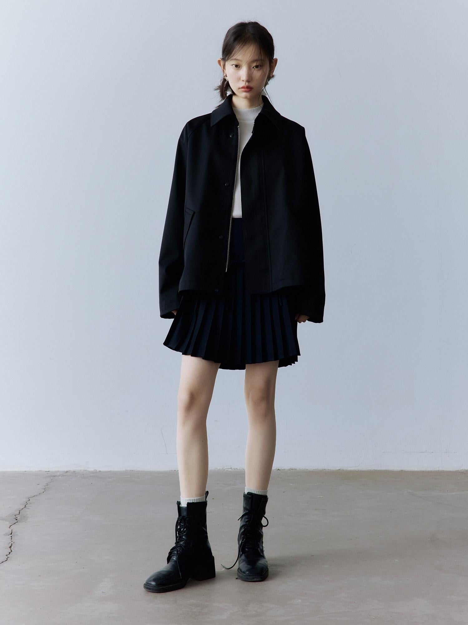 FUSSED Double Layer Zip Front Loose Fit Preppy Mid Length Lapel Women Black Jacket