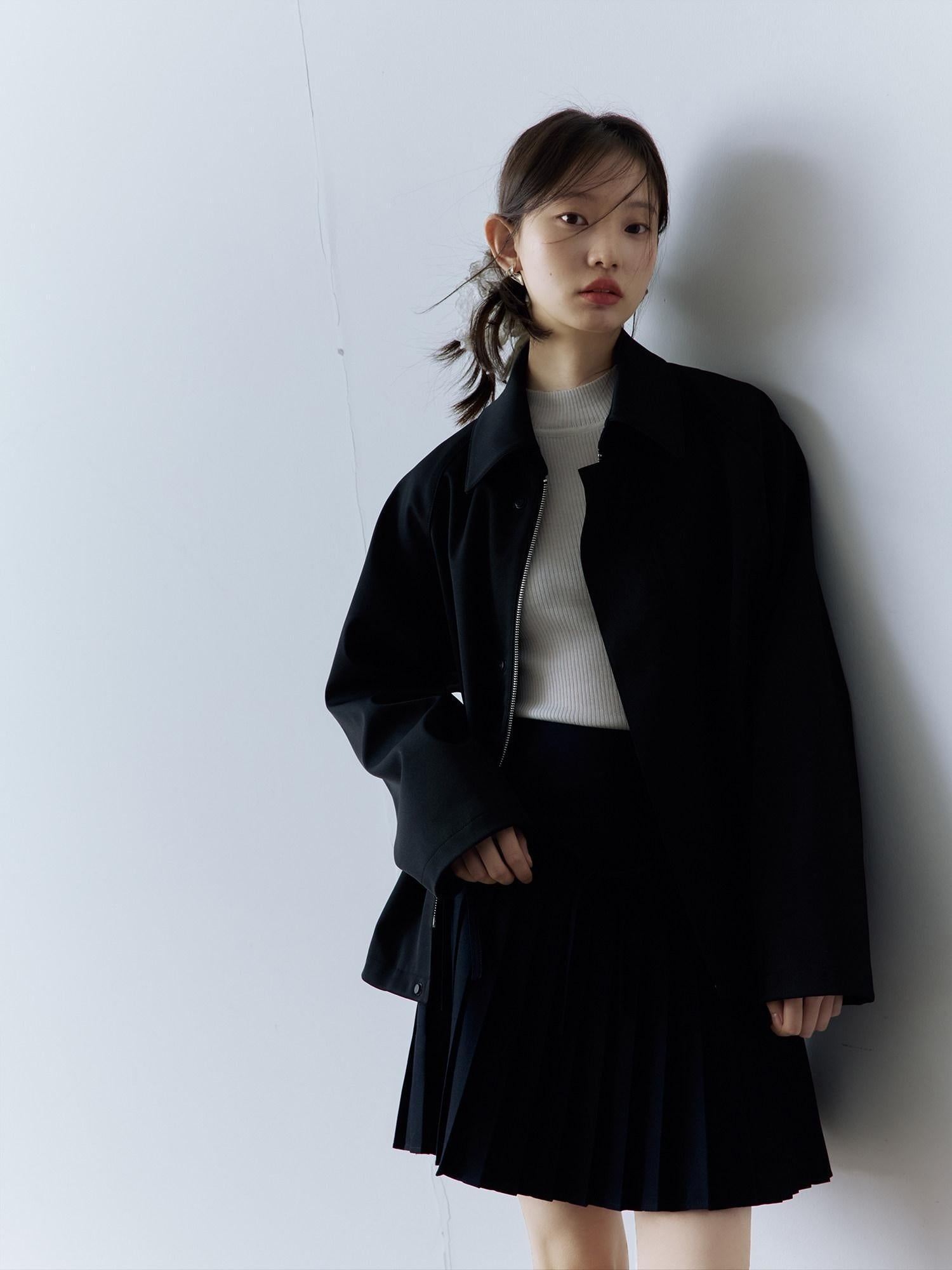 FUSSED Double Layer Zip Front Loose Fit Preppy Mid Length Lapel Women Black Jacket