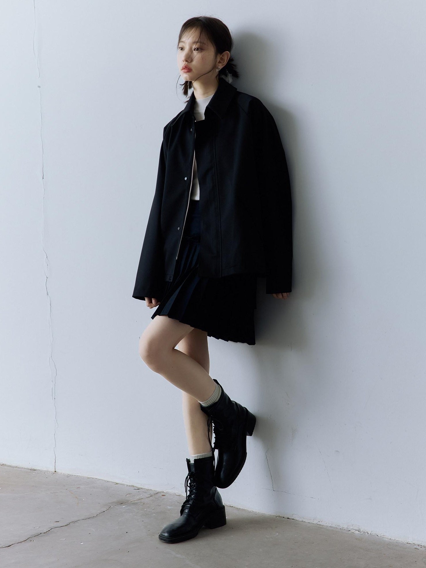 FUSSED Double Layer Zip Front Loose Fit Preppy Mid Length Lapel Women Black Jacket