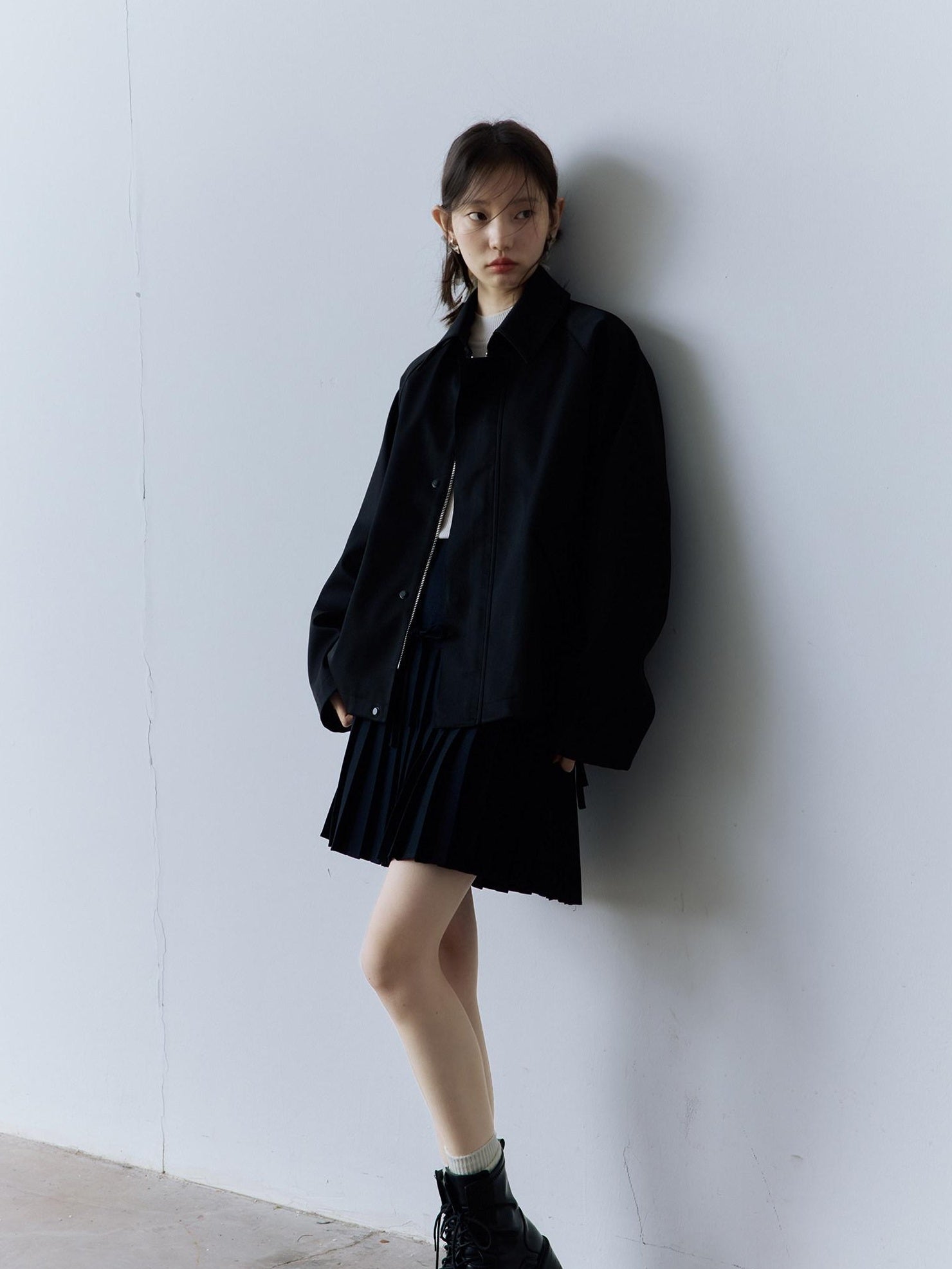FUSSED Double Layer Zip Front Loose Fit Preppy Mid Length Lapel Women Black Jacket