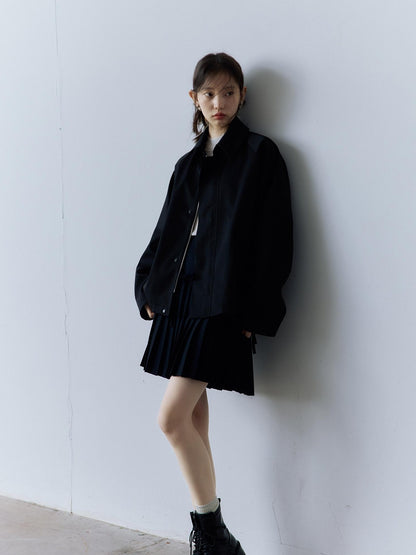 FUSSED Double Layer Zip Front Loose Fit Preppy Mid Length Lapel Women Black Jacket