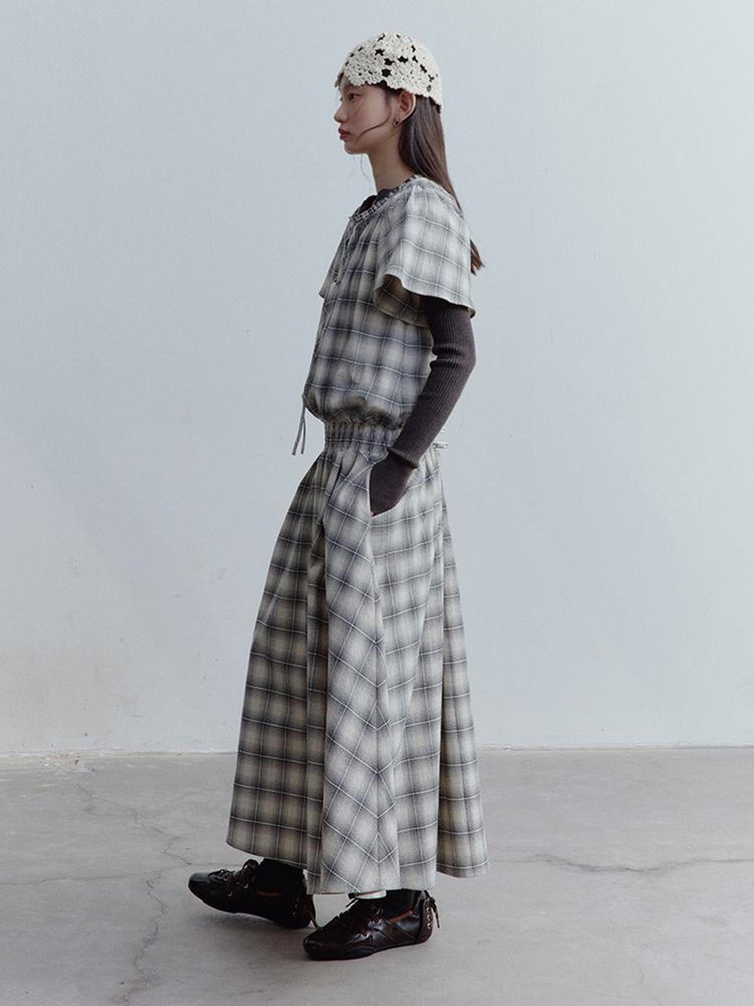 FUSSED Dupplin Check Smocked Bubble Textured A Line Dress V-neck T-shirt Long Sleeve