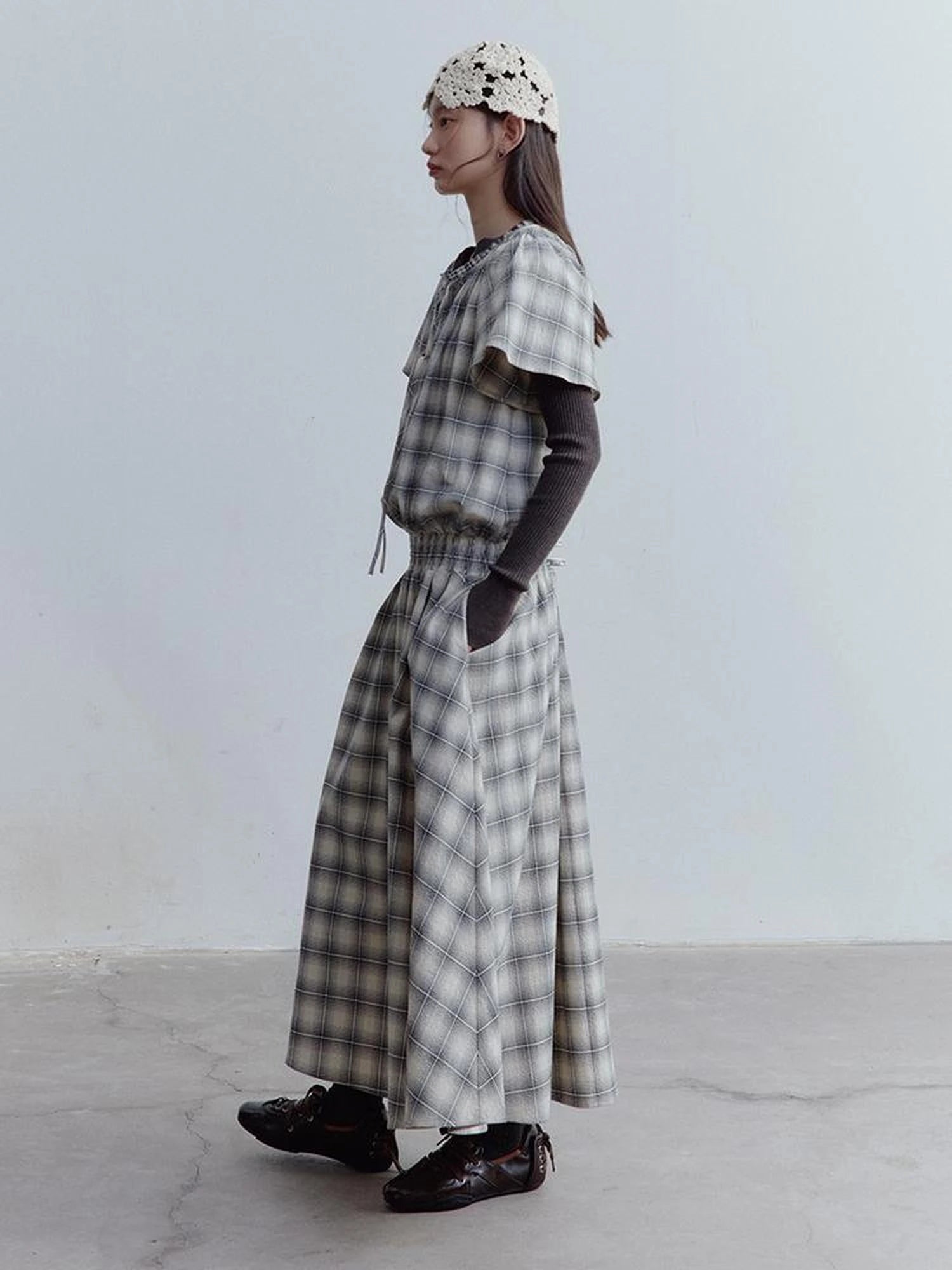 Dupplin Check Smocked Bubble Textured A Line Dress V-neck T-shirt Long Sleeve