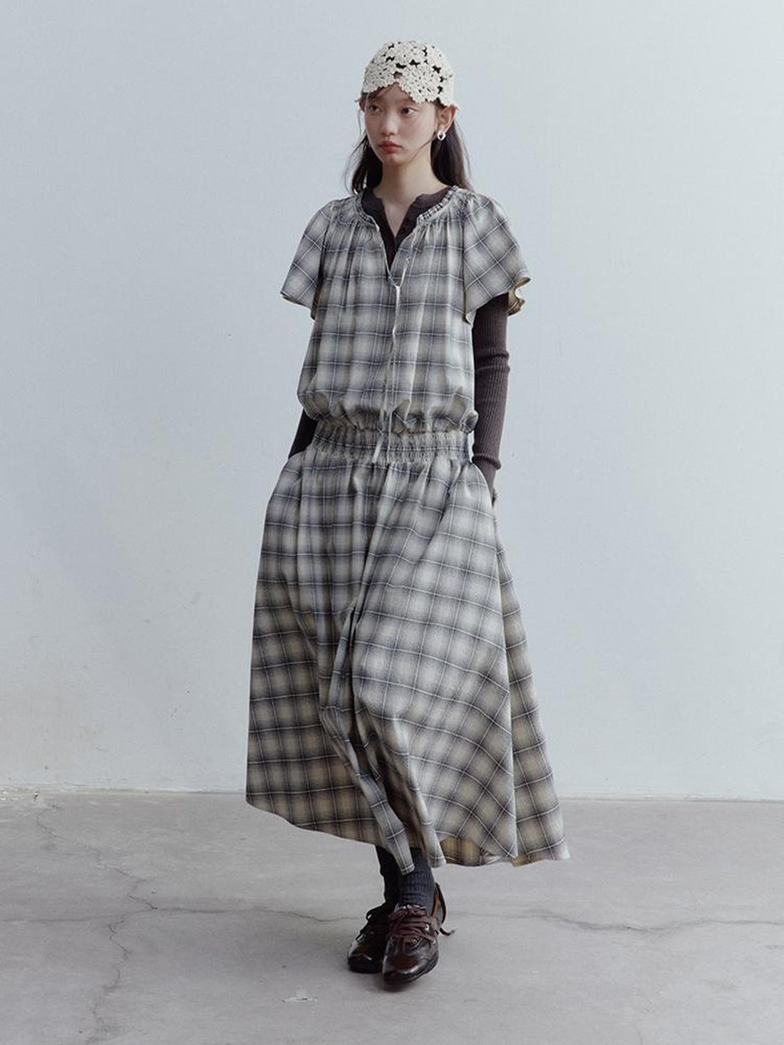 FUSSED Dupplin Check Smocked Bubble Textured A Line Dress V-neck T-shirt Long Sleeve