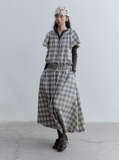 FUSSED Dupplin Check Smocked Bubble Textured A Line Dress V-neck T-shirt Long Sleeve