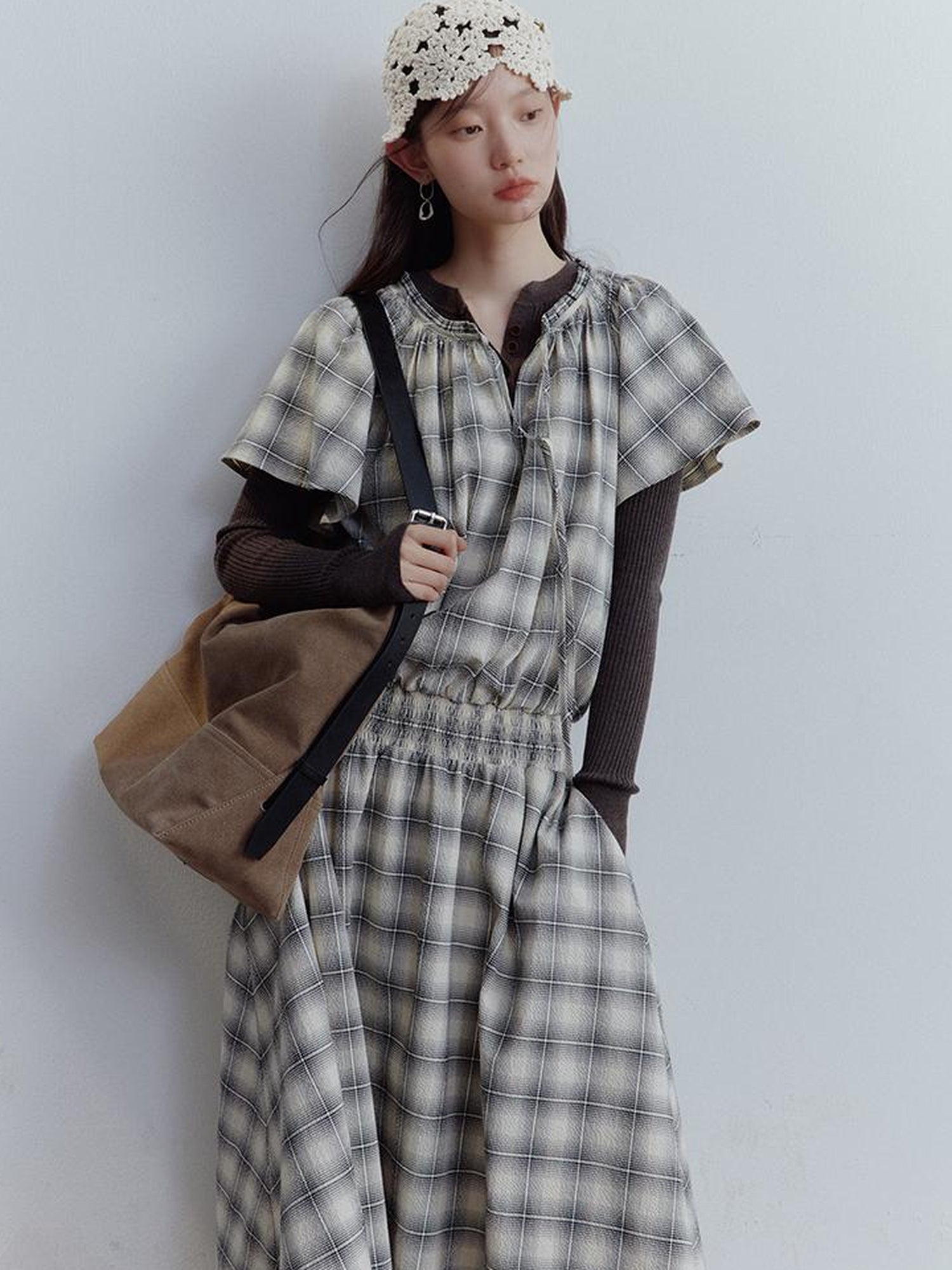 FUSSED Dupplin Check Smocked Bubble Textured A Line Dress V Neck T Shirt Long Sleeve