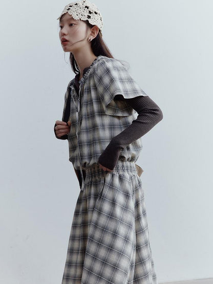 FUSSED Dupplin Check Smocked Bubble Textured A Line Dress V Neck T Shirt Long Sleeve