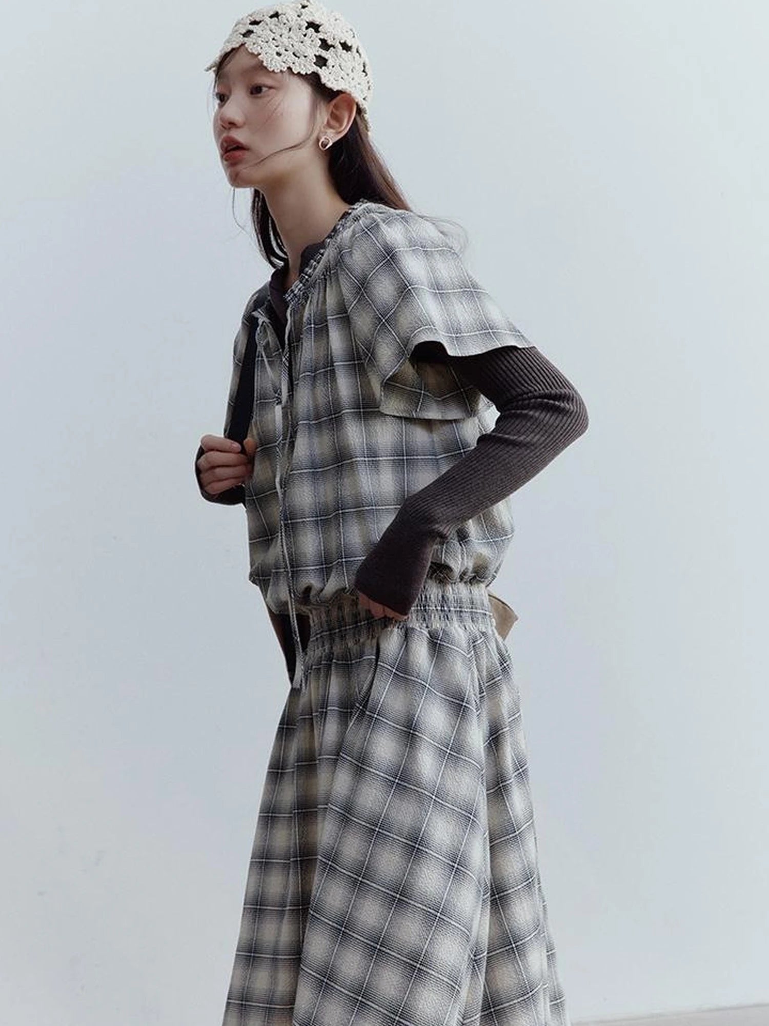 Dupplin Check Smocked Bubble Textured A Line Dress V-neck T-shirt Long Sleeve