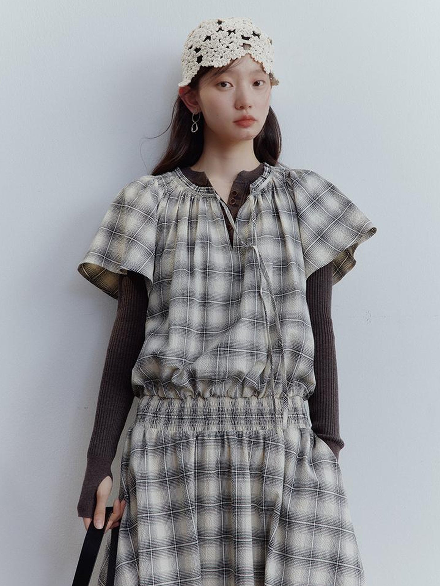 FUSSED Dupplin Check Smocked Bubble Textured A Line Dress V Neck T Shirt Long Sleeve