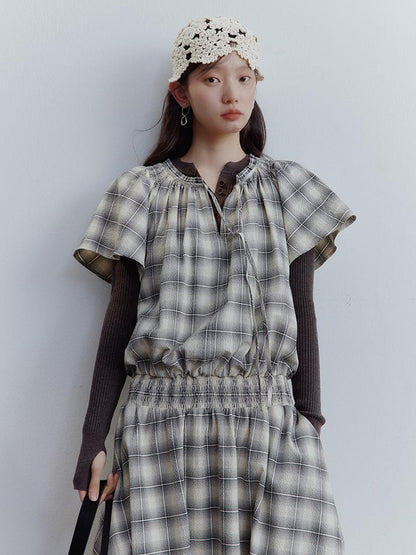 FUSSED Dupplin Check Smocked Bubble Textured A Line Dress V Neck T Shirt Long Sleeve