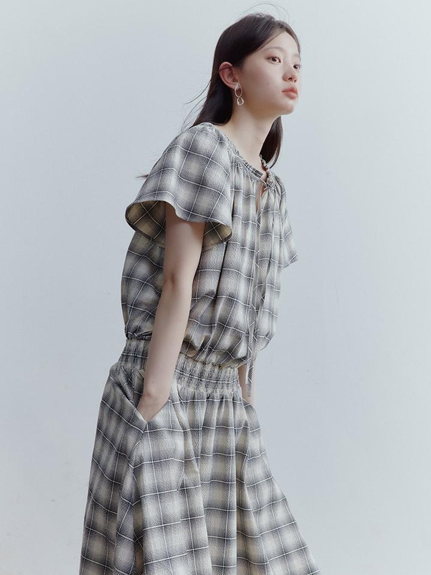 FUSSED Dupplin Check Smocked Bubble Textured A Line Dress V Neck T Shirt Long Sleeve