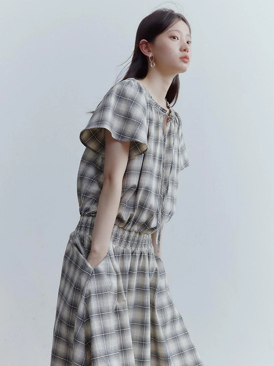 FUSSED Dupplin Check Smocked Bubble Textured A Line Dress V-neck T-shirt Long Sleeve