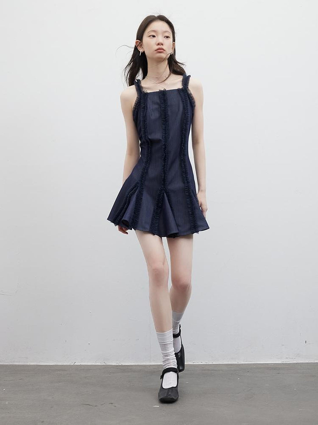 FUSSED Eden Blue Denim Look Sheer Mesh Trim A Line Dress