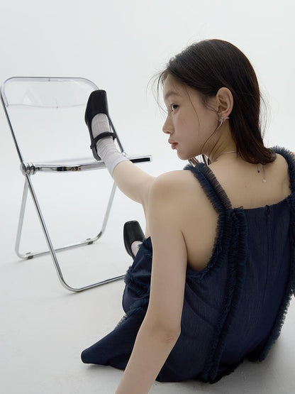 FUSSED Eden Blue Denim Look Sheer Mesh Trim A Line Dress