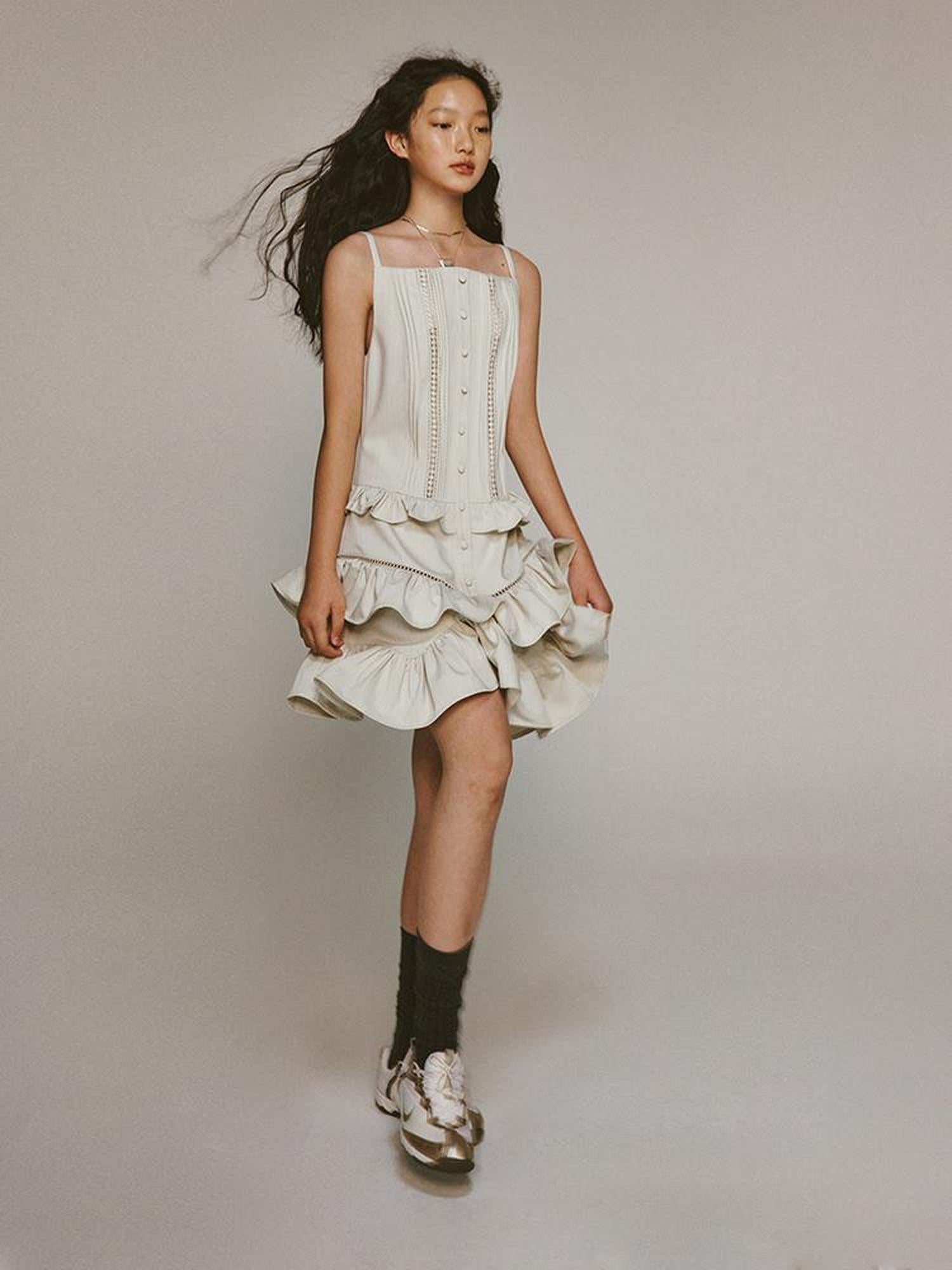 FUSSED Eden Pleated Lace Trimmed Tiered Sundress