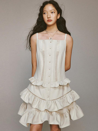 FUSSED Eden Pleated Lace Trimmed Tiered Sundress