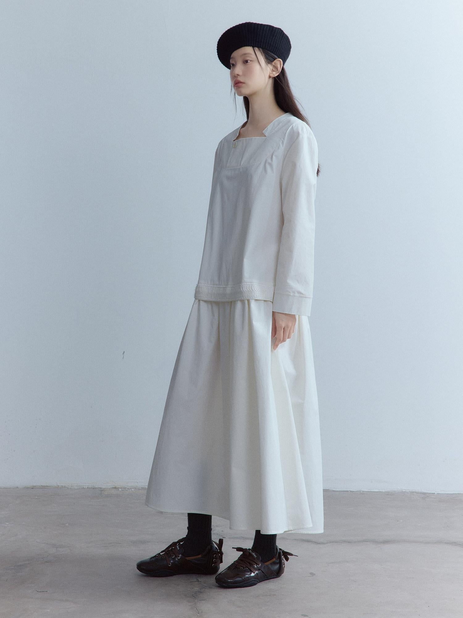 FUSSED Elegant Asymmetrical A Line Loose Long Sleeve Mock Two Piece Maxi Dresses