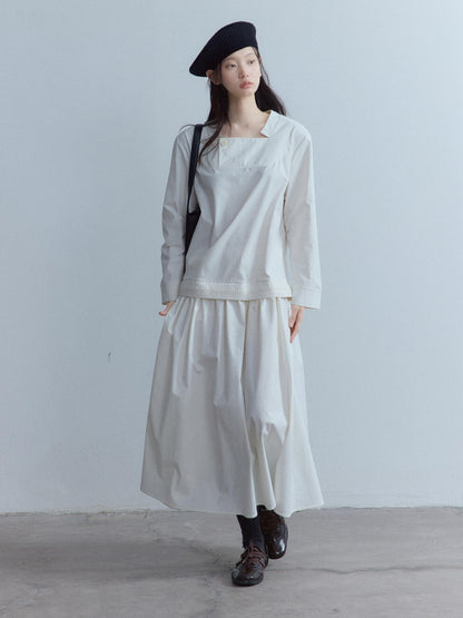FUSSED Elegant Asymmetrical A Line Loose Long Sleeve Mock Two Piece Maxi Dresses