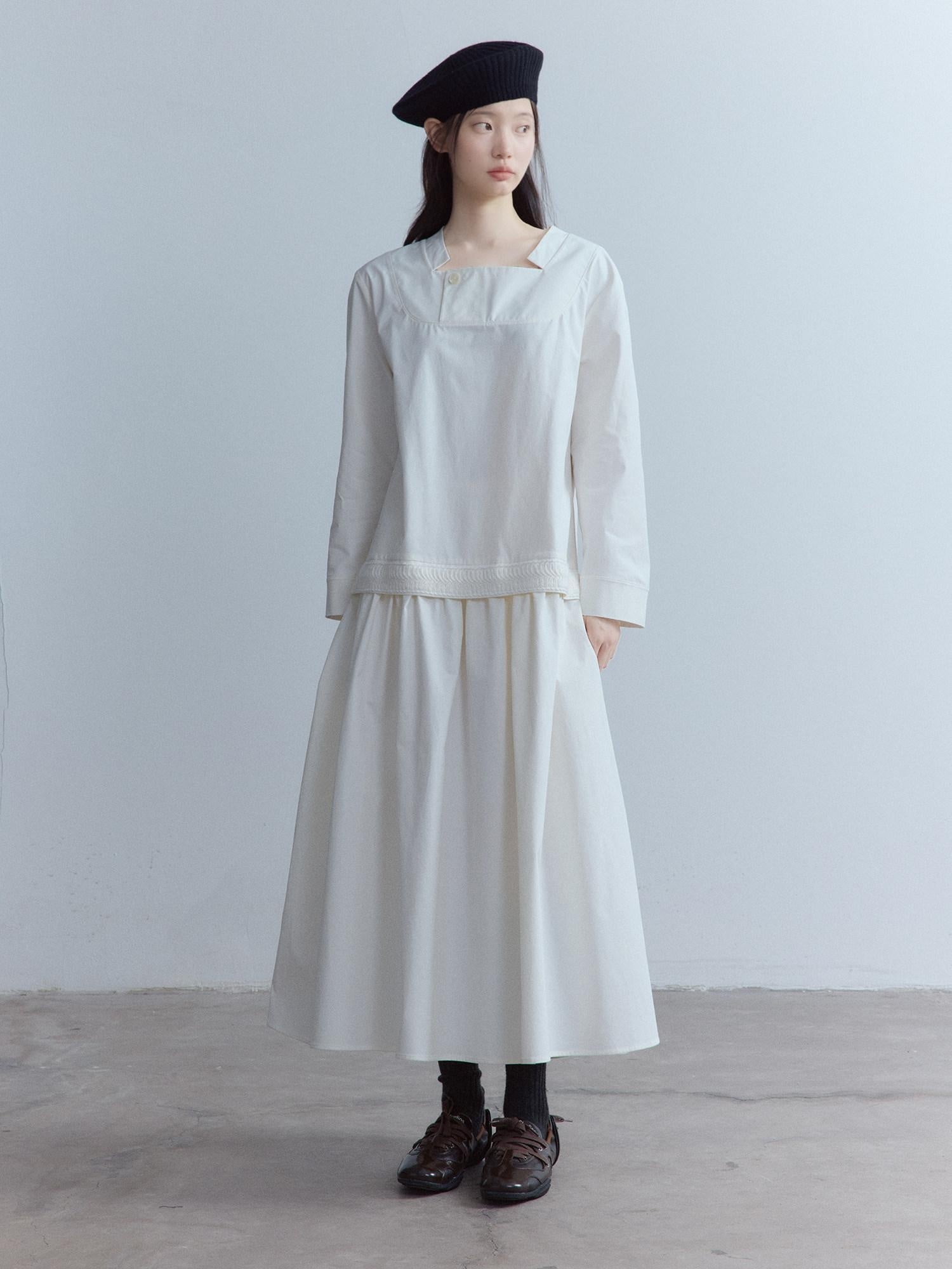 FUSSED Elegant Asymmetrical A Line Loose Long Sleeve Mock Two Piece Maxi Dresses