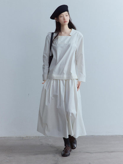 FUSSED Elegant Asymmetrical A Line Loose Long Sleeve Mock Two Piece Maxi Dresses