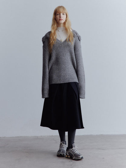 FUSSED Elegant Loose 3D Detail V-ceck Women Casual Mist Gray Midlength Sweater