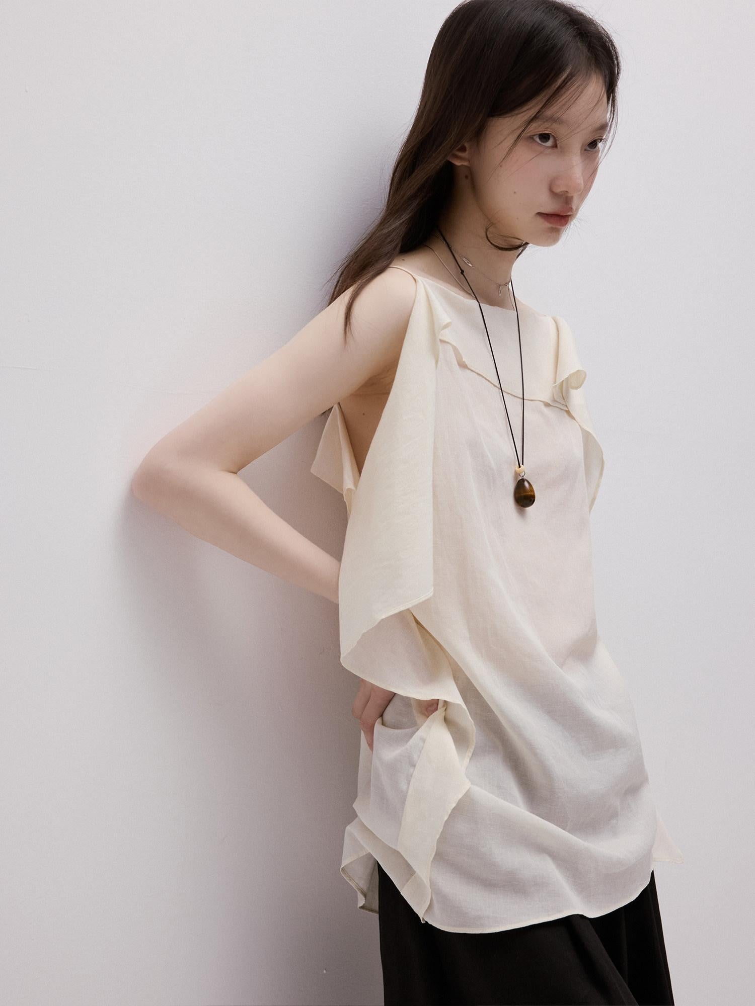 FUSSED Elegant White Asymmetrical Hem Two Panel Women&