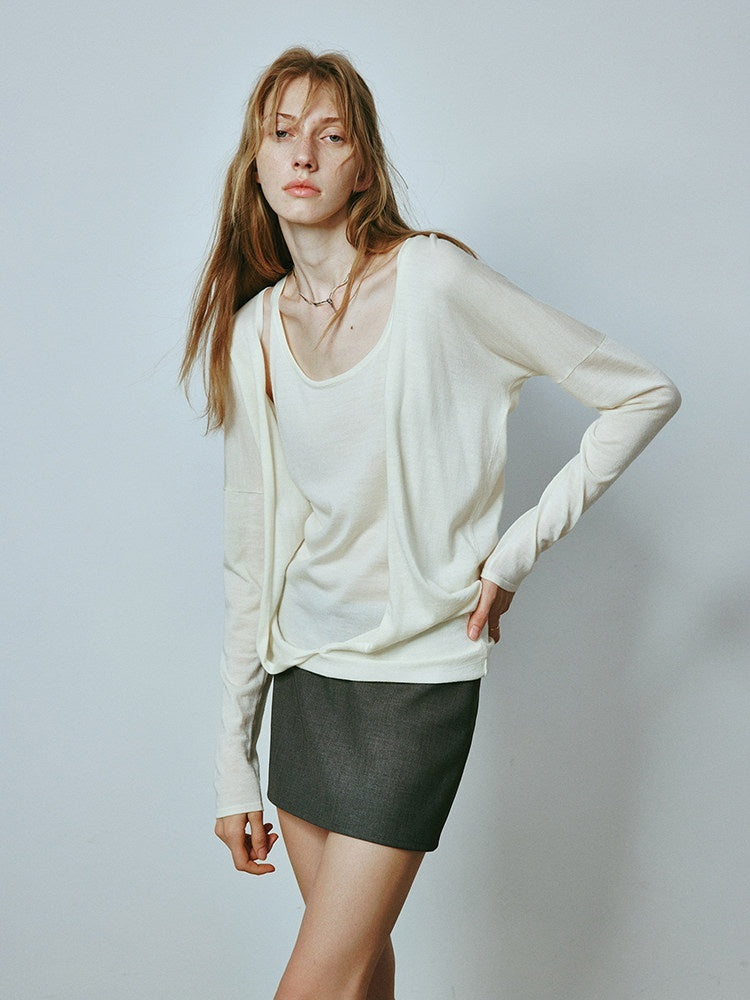 FUSSED_Elegant_White_Fake_Two_Piece_Knit_Hooded_Women&