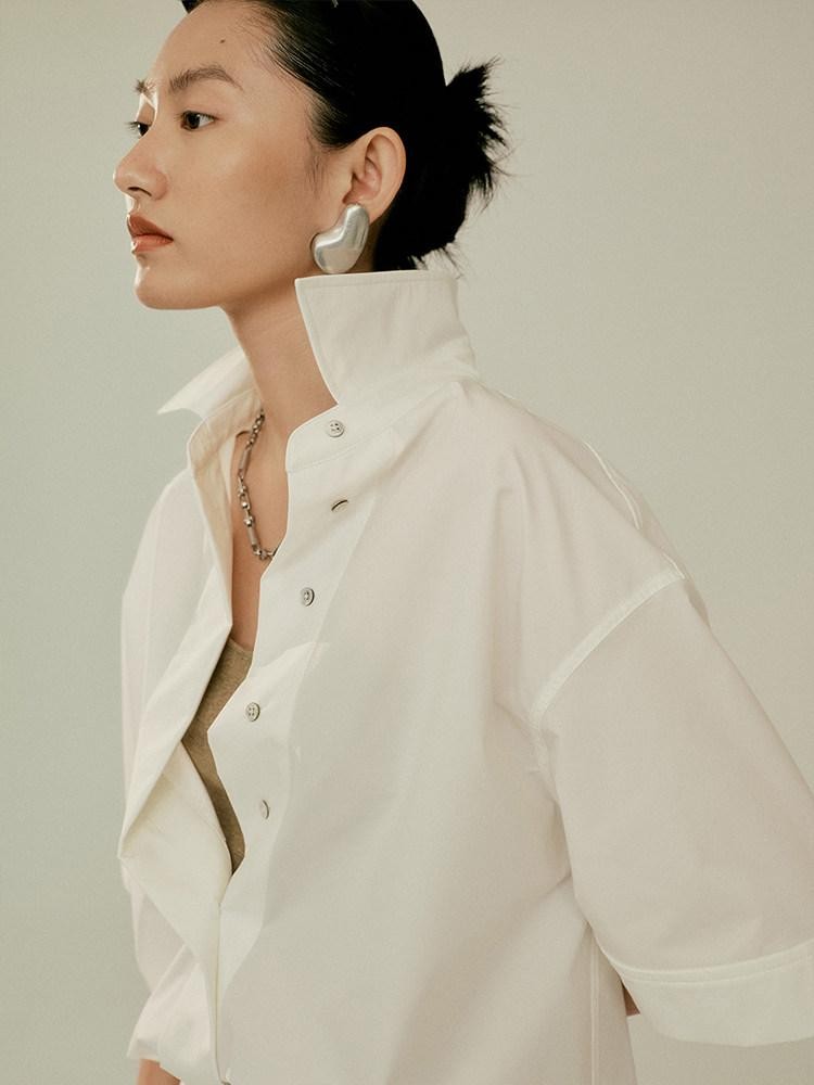 FUSSED Elegant White Oversized Turndown Collar Short Sleeve Women&