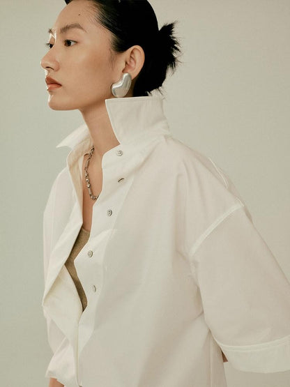 FUSSED Elegant White Oversized Turndown Collar Short Sleeve Women&