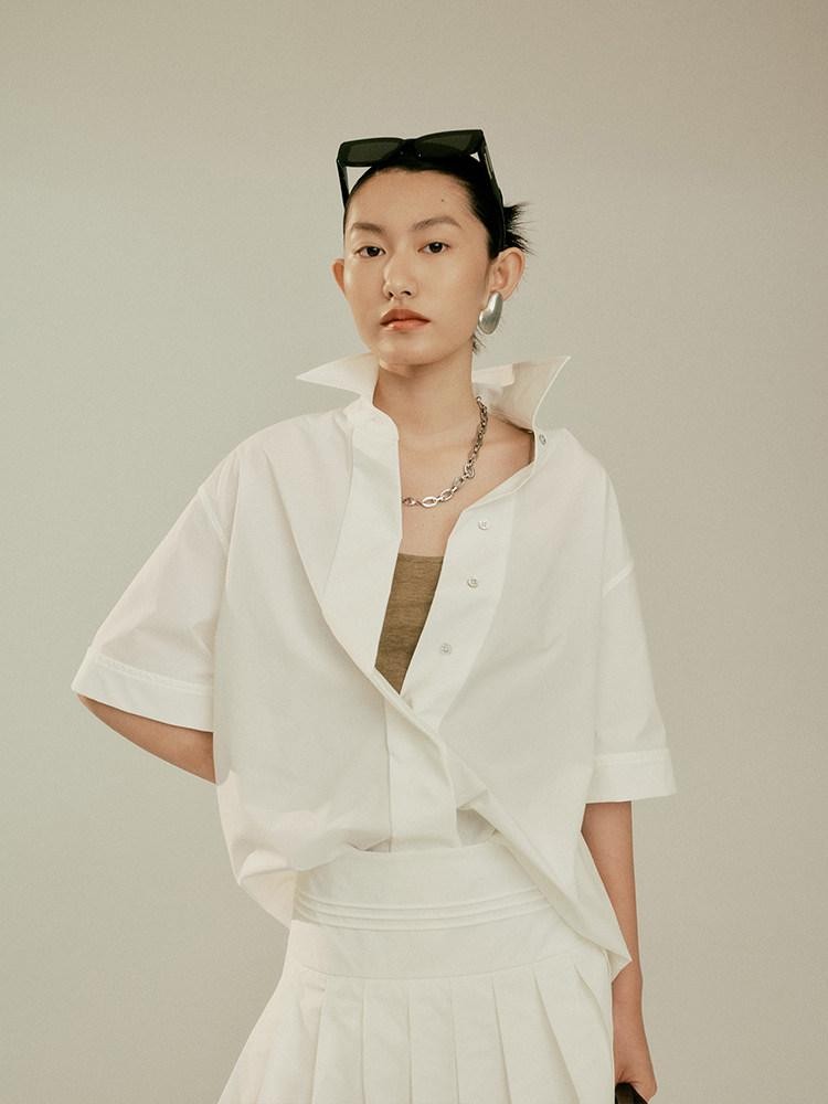 FUSSED Elegant White Oversized Turndown Collar Short Sleeve Women&