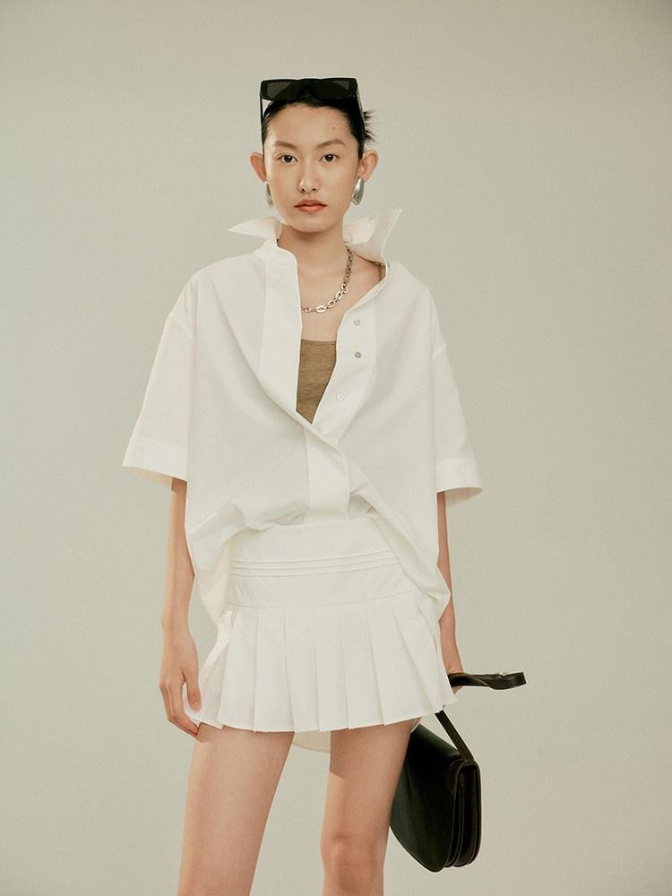 FUSSED Elegant White Oversized Turndown Collar Short Sleeve Women&