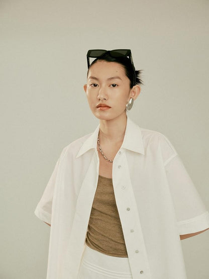 FUSSED Elegant White Oversized Turndown Collar Short Sleeve Women&