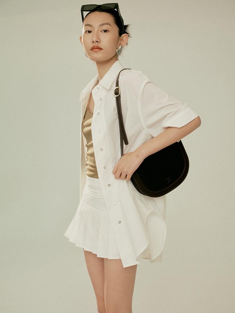 FUSSED Elegant White Oversized Turndown Collar Short Sleeve Women&