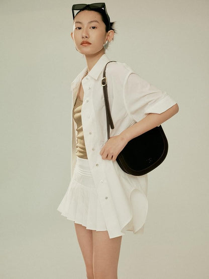 FUSSED Elegant White Oversized Turndown Collar Short Sleeve Women&