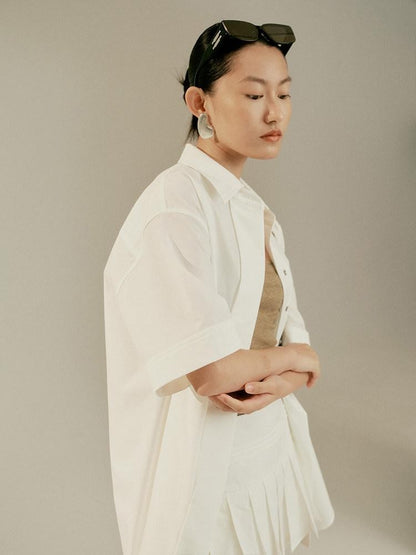 FUSSED Elegant White Oversized Turndown Collar Short Sleeve Women&