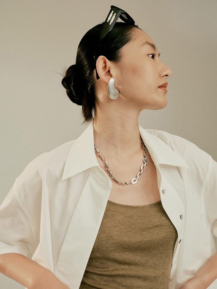 FUSSED Elegant White Oversized Turndown Collar Short Sleeve Women&