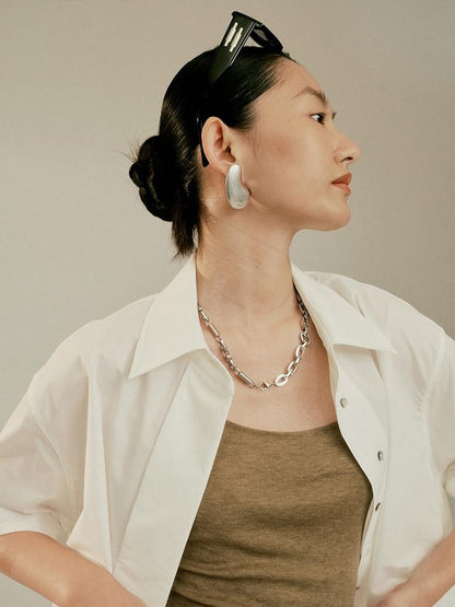 FUSSED Elegant White Oversized Turndown Collar Short Sleeve Women&